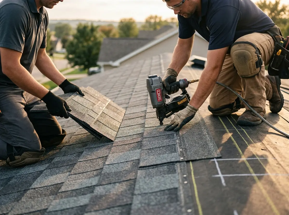 Professional roofer working on a residential roof in Humboldt